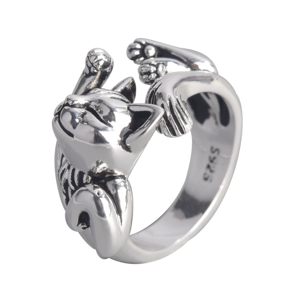 Vintage Cute Cat Rings Women Jewelry Birthday Gift Trendy Open Size 925 Sterling Silver Ring Girl Party Accessories 2025