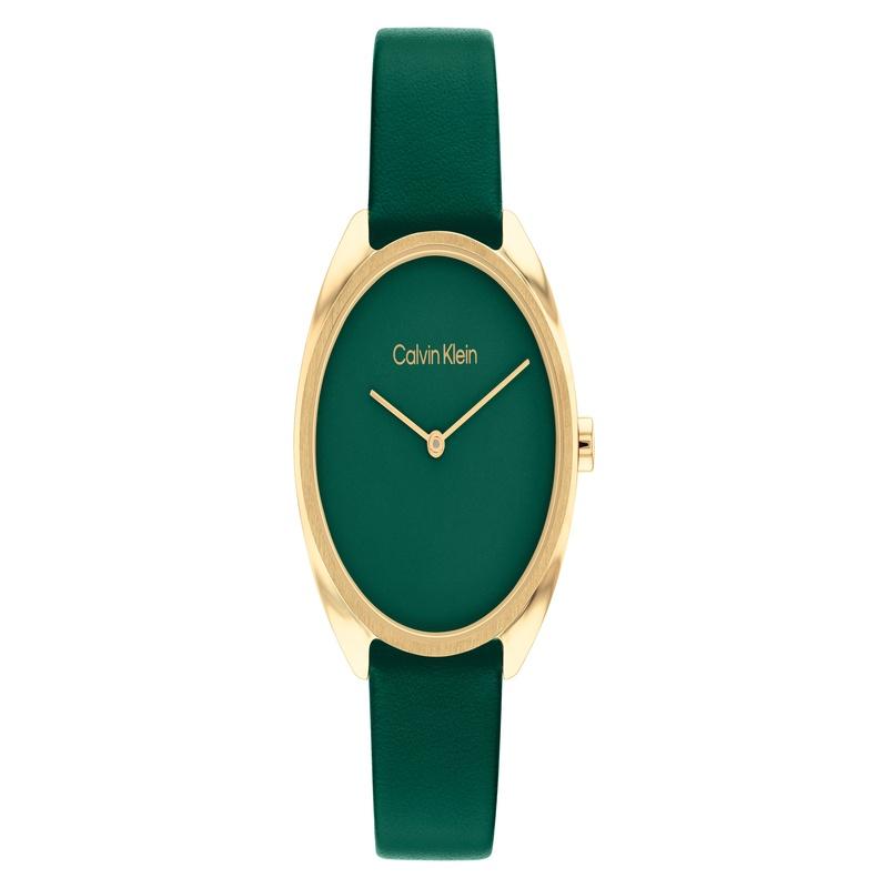 CALVIN KLEIN watch, quartz movement, leather strap, green dial, women s pure green leather strap, fashionable European and American watch 25200273 зелёный