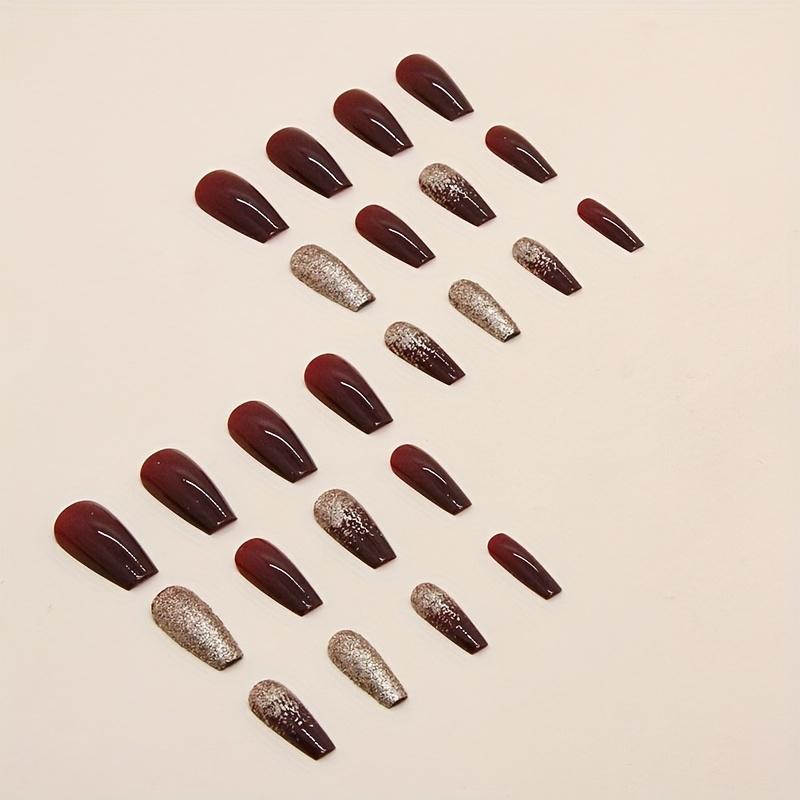 24pcs Golden Glitter Square Press On Nails - Medium Size Acrylic Wine Red Design