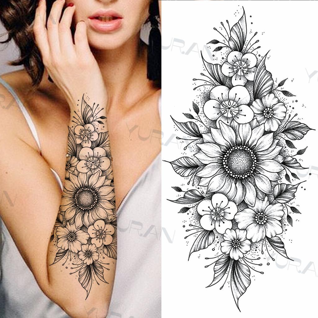 Zwarte Grote Slang Bloem Fake Tattoo Sticker Voor Vrouwen Dot Rose Pioen Tijdelijke Tattoos DIY Water Transfer Tatoos Meisjes