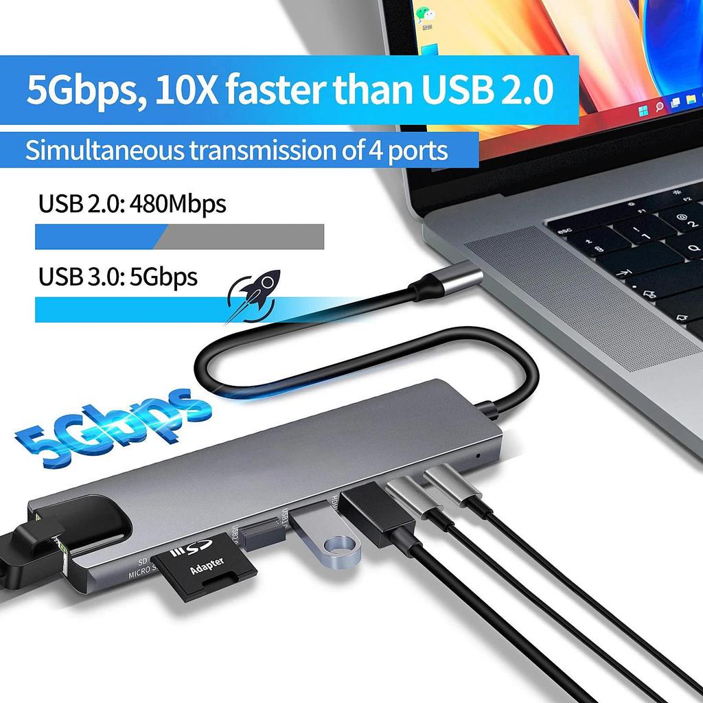 8 In 1 USB C Hub Type C To 4K HDTV Adapter with RJ45 SD/TF Card Reader Fast Charger for MacBook Notebook Windows Laptop Computer