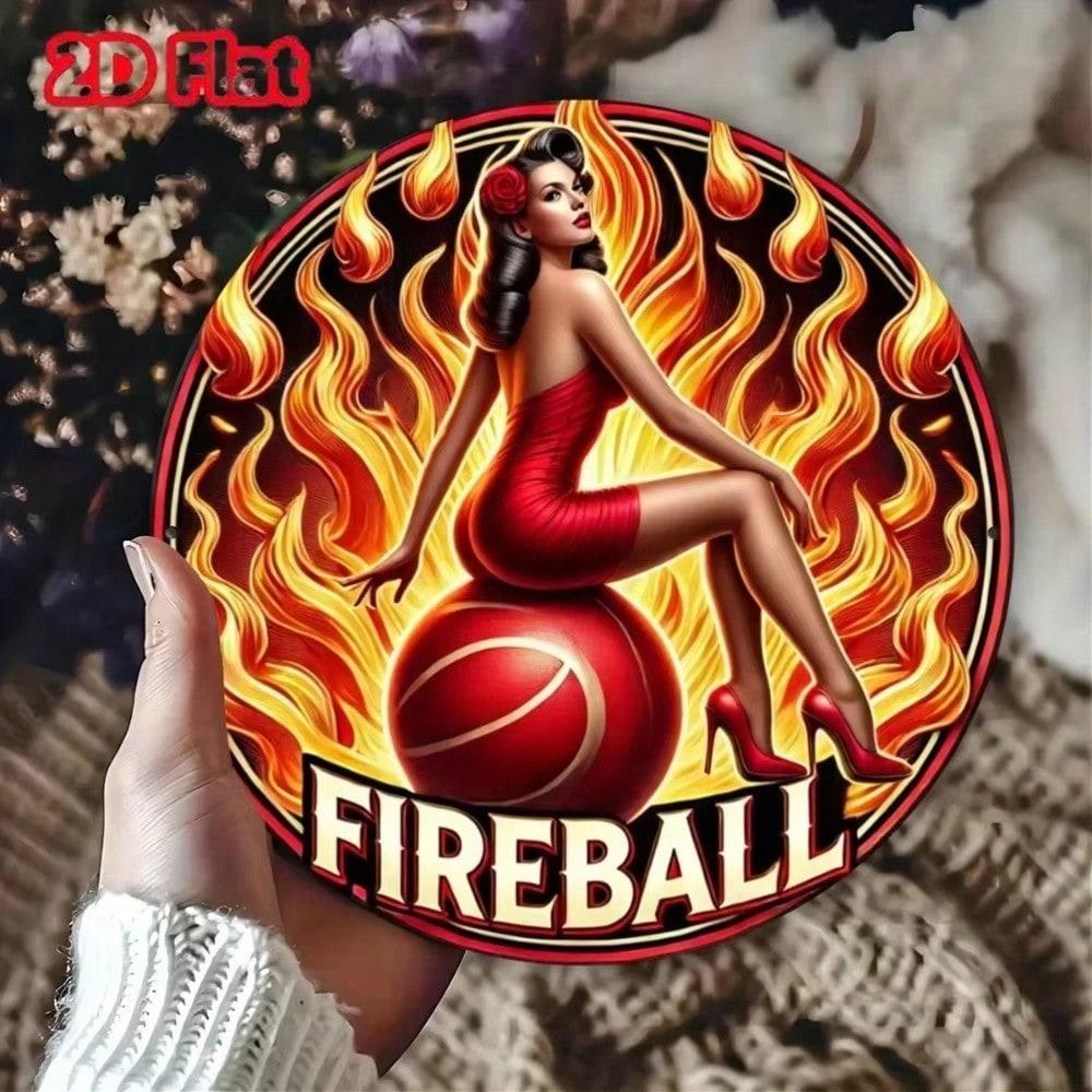 1PC Fireball Themed Metal Round Wall Sign, HD 2D Print Art Decor for Bedroom Living Room