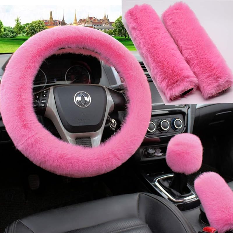 Pinbola 5Pcs In 1 Set Faux Wool Steering Wheel Cover Soft Fluffy Handbrake Cover & Gear Shift Cover & 2Pcs Seat Belt Shoulder Pads Warm Universal Fit