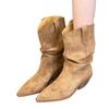 Cowhide version! Pointed thick heel stacked boots medium boots 2025 autumn and winter brown short boots but knee small boots