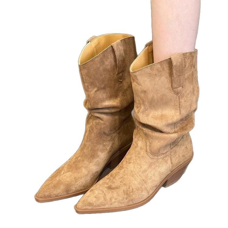 Cowhide version! Pointed thick heel stacked boots medium boots 2025 autumn and winter brown short boots but knee small boots