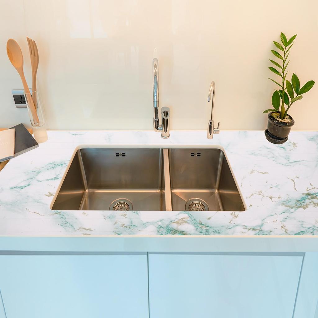 Uxcell Marmoroptik Tapete, 40cm x 5m, Selbstklebende Marmorfolie, Wasserdichte Tapete für Küchentheken, Schränke und Badezimmer, Grüner Stein