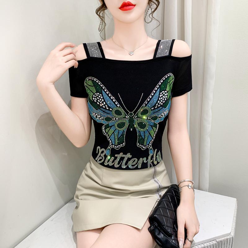 TrendHub Sexy Off Shoulder T Shirt for Women Luxury Flower Diamonds Short Sleeve Tee Summer Fashion Womens Mesh Tee Shirts Top