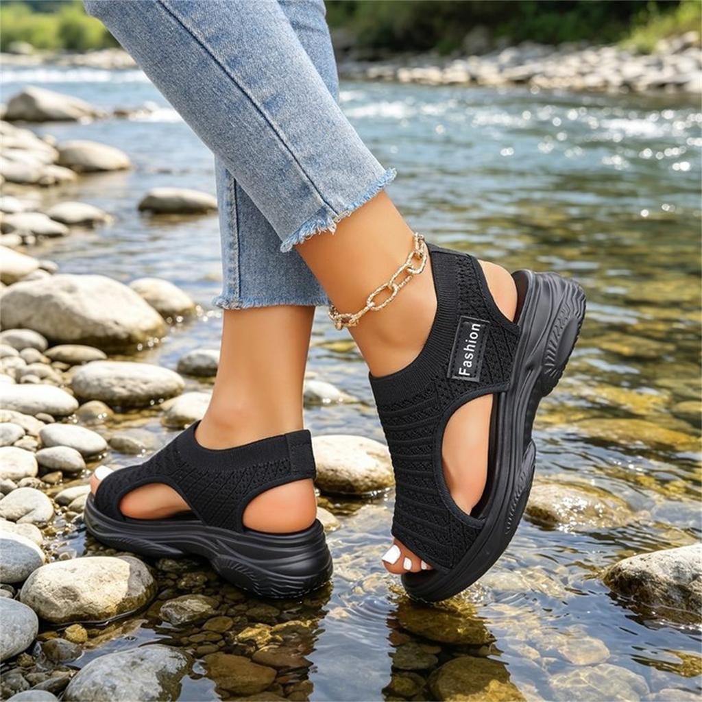 Women Plus Size Slip On Knit Open Toe Casual Sandals Lightweight Breathable Summer Shoes with Flexible Sole for Daily Wear