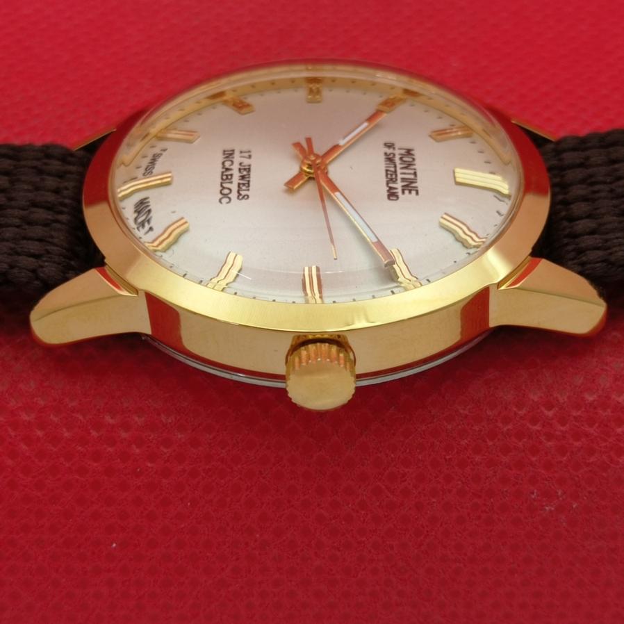 HAND-WINDING SWISS MONTINE 17-JEWELS MENS SILVER DIAL WRIST WATCH A421129-2