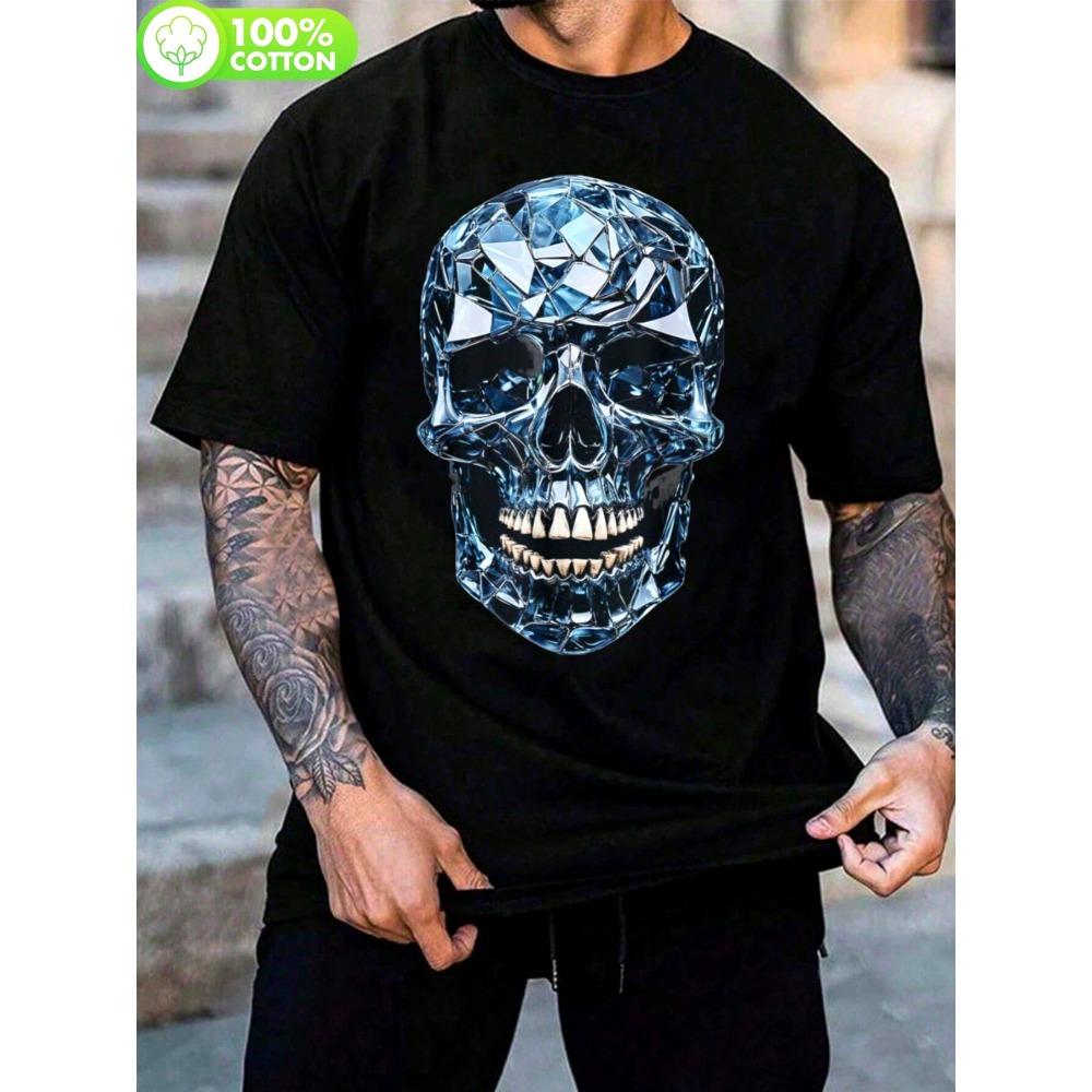 Мужская черная футболка с узором из хрустальных черепов Готическая принтованная футболка с круглым вырезом и коротким рукавом Супер мягкая и дышащая S