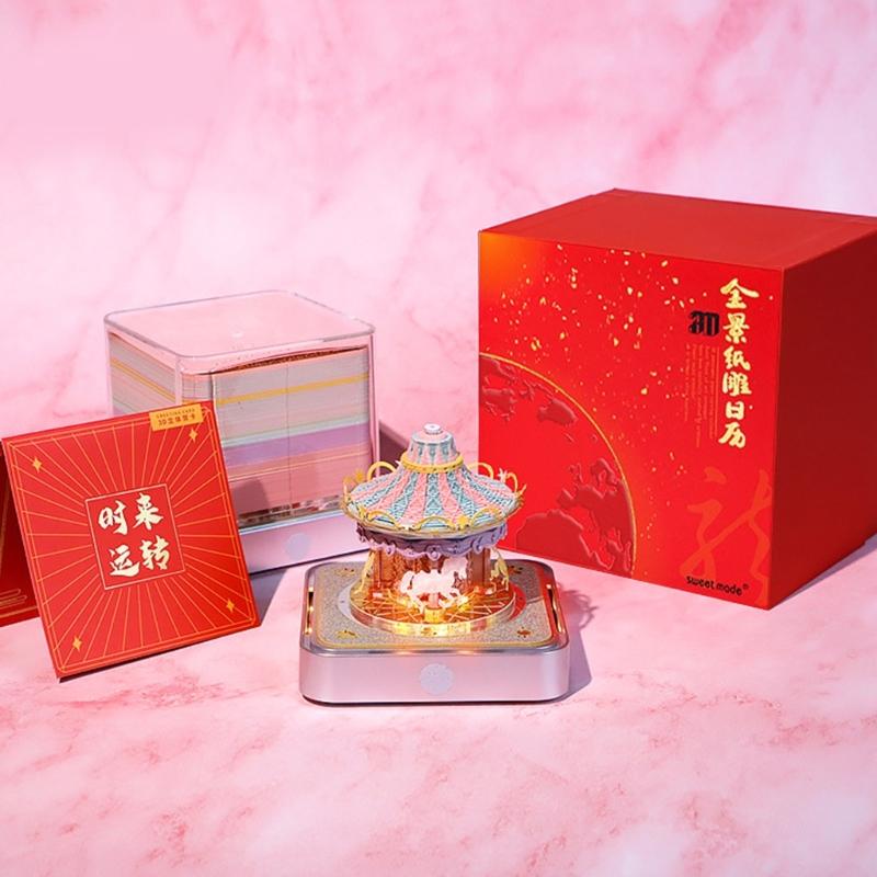 2025 Desk Calendar With Light, 3D Paper Sculpture Calendar Note Pad Carving Art Notepads with 2025 Timepiece Calendar