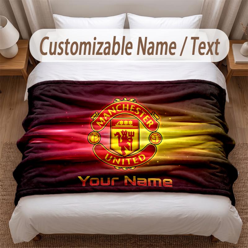 Manchester United Printed Flannel Blanket Custom Name Text Soft Warm Throw For Bedroom Holiday Gift
