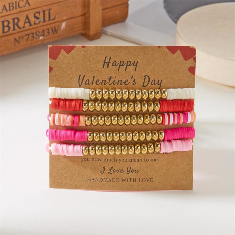 Love Heart Soft Clay Bracelets Set For Women With Pink Acrylic Letter Beads Hand Jewelry Gift