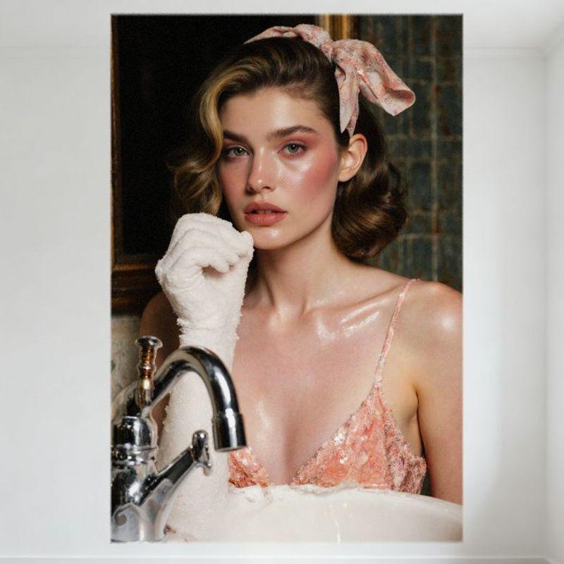 

Sexy Woman with Wavy Brown Hair & Pink Headband Vintage Bathroom Scene Tin Sign Metal Poster for Bar Home Wall Decor 8x12 Inch 20x30cm（7.8x11.8inch）