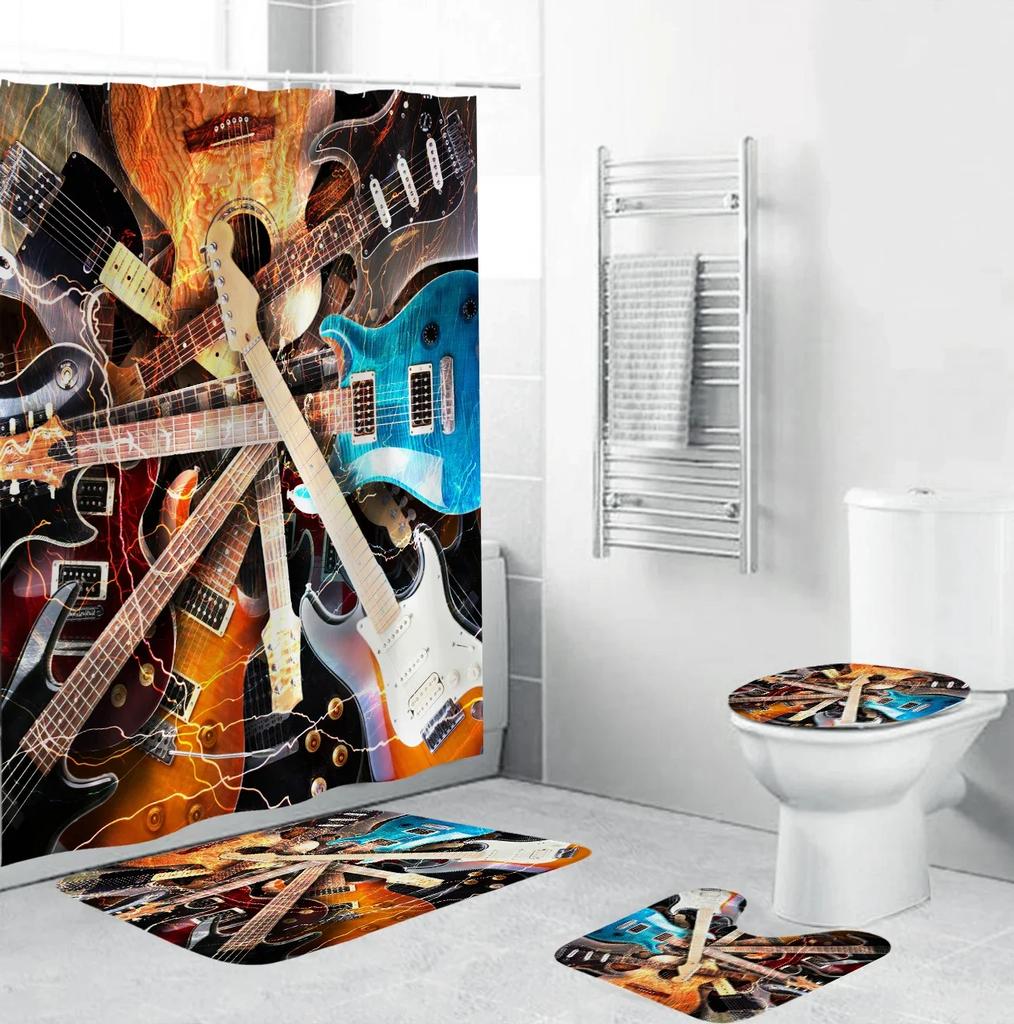 4Pcs Fire Burning Electric Guitar Shower Curtain Sets, Stone Wall Modern Bathroom Sets Waterproof,Non-Slip Bath Rugs Toilet Mat