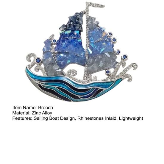 Brooch Pin Sailing Boat Design Brooch with Blue Enamel Waves And Faux Crystal