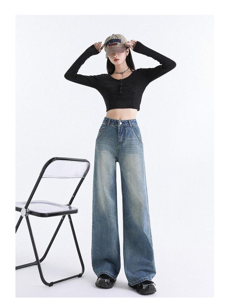 Comfortable Washed Design Sense Wide Leg Jeans Women High Waist Large Yards Do Old Loose Straight Long Trousers Jeans for Women Long Denim Pants