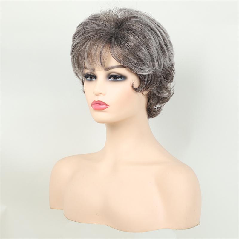 Synthetic Mommy Hair Mixed Brown Wigs for Women Short Curly Wig with Bangs Daily Party Drag Queen Costume Pixie Cut Hairstyle