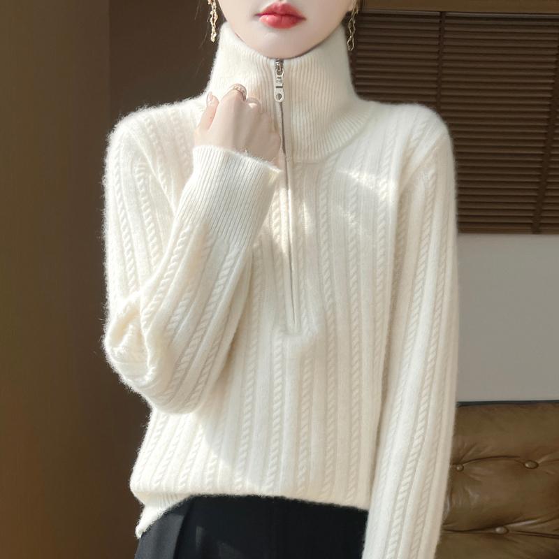 Women Sweater 100% Wool TIDENOVEL Turn-down Collar Knit Pullover Thick Winter Jumpers Female Knit Tops Zipper