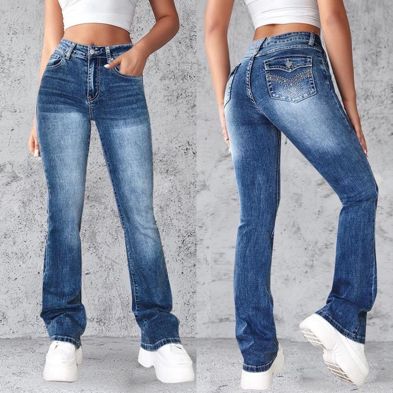 Retro Spice Girls Jeans Damen Skinny Slim High Stretch Micro Flare Hose