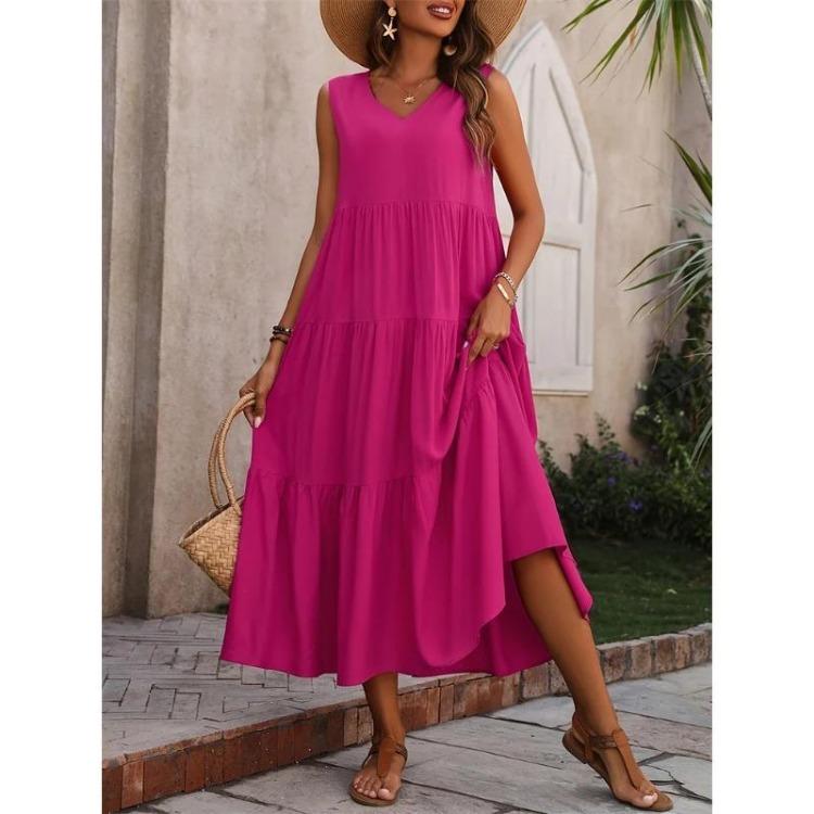 Women Casual Vacation Beach Dress Elegant V-neck Loose Long Dresses Holiday Femme Yellow Black RUFFLES Summer
