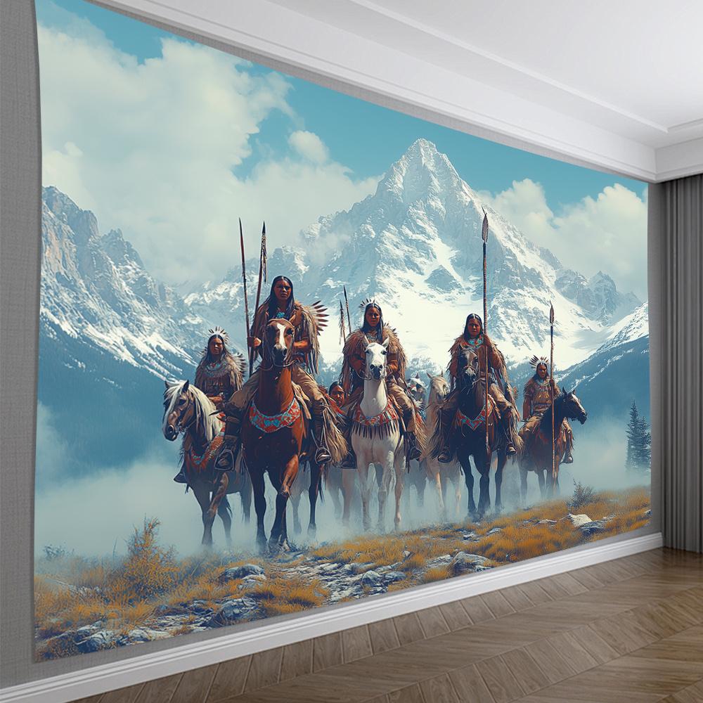 Epic Mountain Tapestry: Native Warriors On Horseback For A Dramatic Living Room Decor
