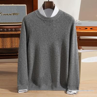 Men's Round Neck Cashmere Pullover Sweater - Thick, Solid Color, Long Sleeve Base Layer