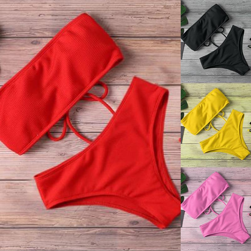 2025 Nouveau Bikini Taille Haute Sans Bretelles Sexy Bikini Maillot de Bain Femme Mode Maillot de Bain Rembourré Monokini Couleur Unie