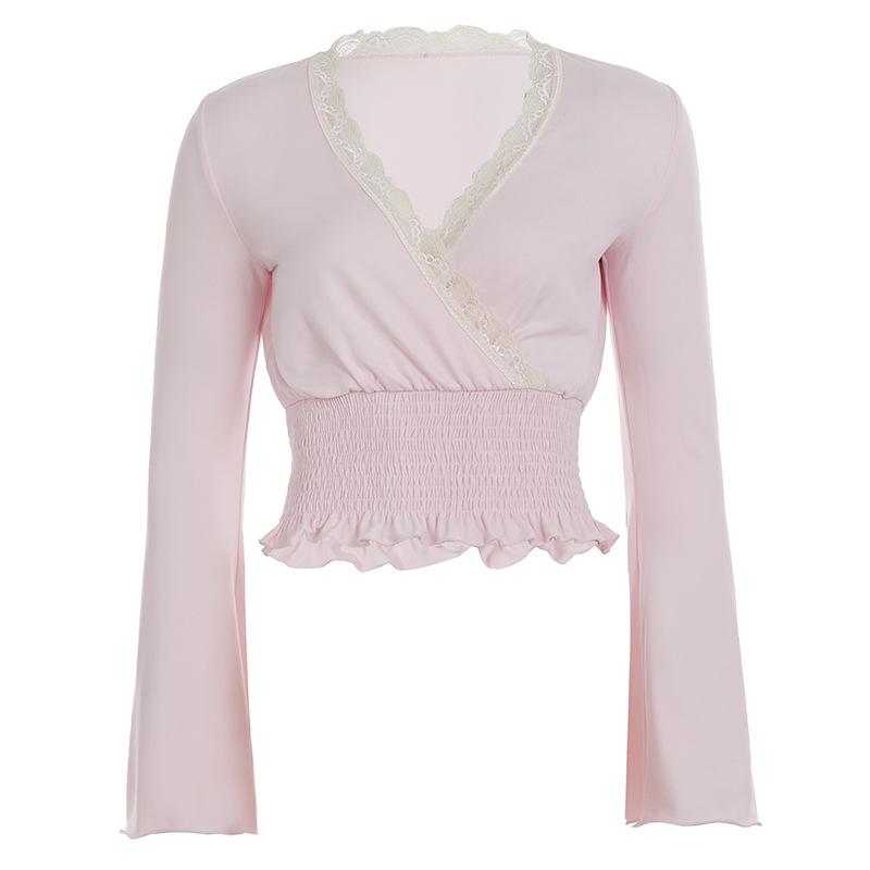 Пикантная Девушка Розовый Кружевной Пэчворк Сборки V-образный Вырез Базовая Рубашка Medium розовый