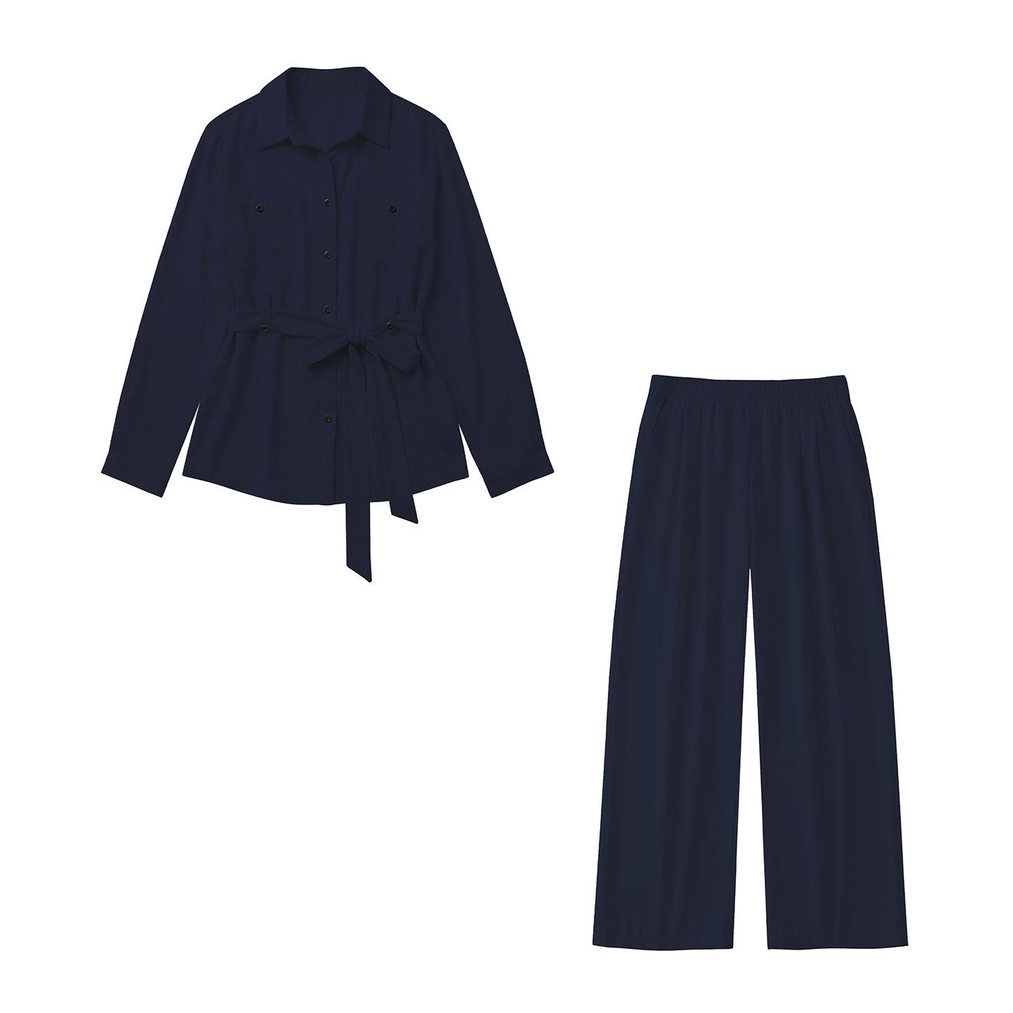 

Plus Size Spring Slimming Two-Piece Set: Long Sleeve Lapel Top & High Waist Wide Leg Pants 1XL (120-140 jin) темно-синий