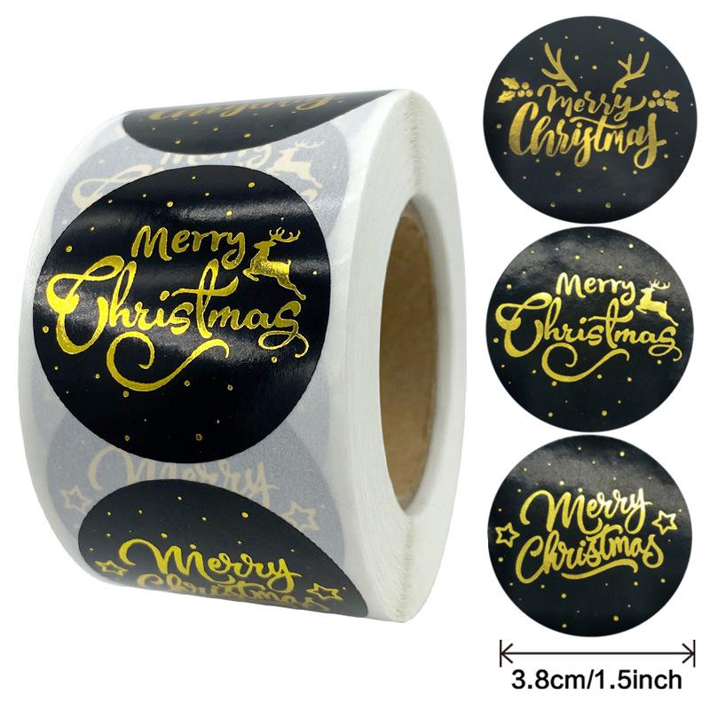 500Pcs Merry Christmas Stickers Pvc Black Background  Stamping Adhesive Labels Christmas Gift Sealing Stickers