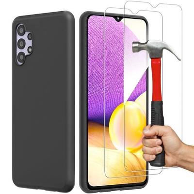 Case and Tempered Glass - BOOLING - for Samsung Galaxy A32 5G - Black Silicone - Reinforced Protection - Lightweight