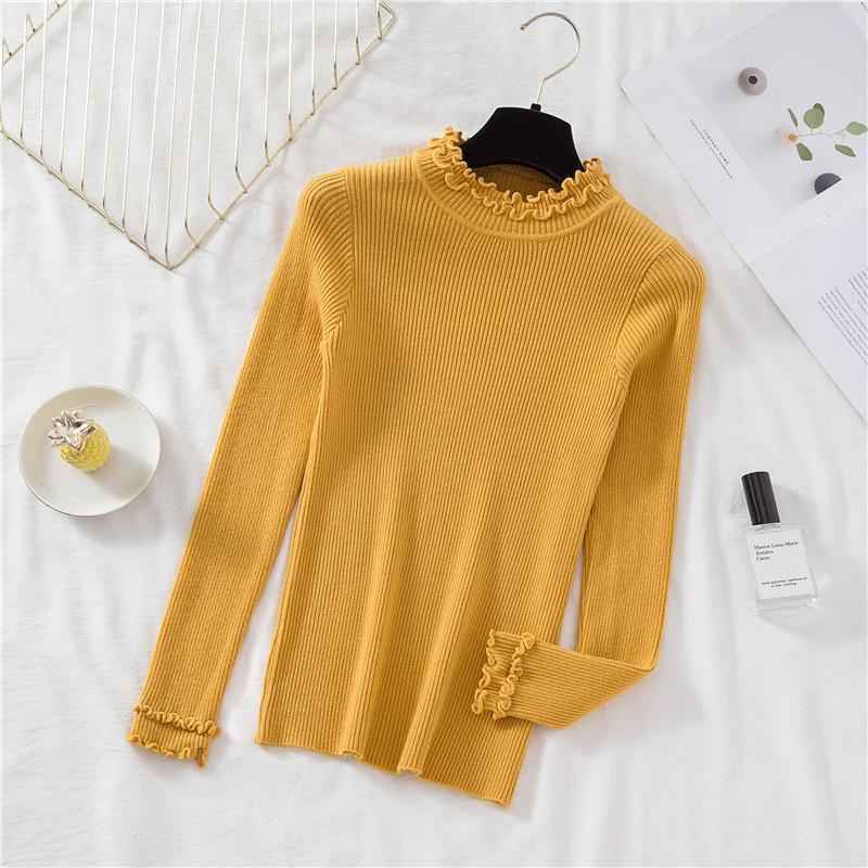 

Свитер женский полуводолазка с деревянными ушками, пуловер, трикотаж, корейский тонкий однотонный топ, трендовый свитер, осенне-зимний топ L