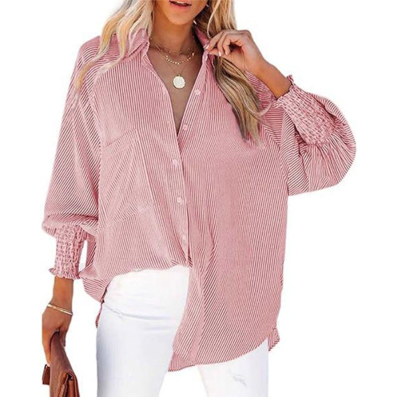 Women S Striped Loose Long Sleeve Shirt Casual Pocket Blouse S красный