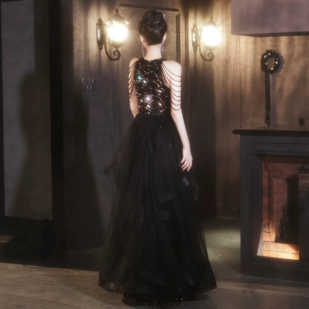 Beautiful black neck sequined evening dress dress for important occasions Women's light luxury niche annual meeting host catwalk dress