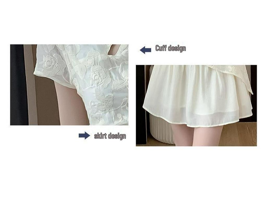 Zen-Style Jacquard Stand Collar Short Sleeve Irregular Chiffon Tea Dress
