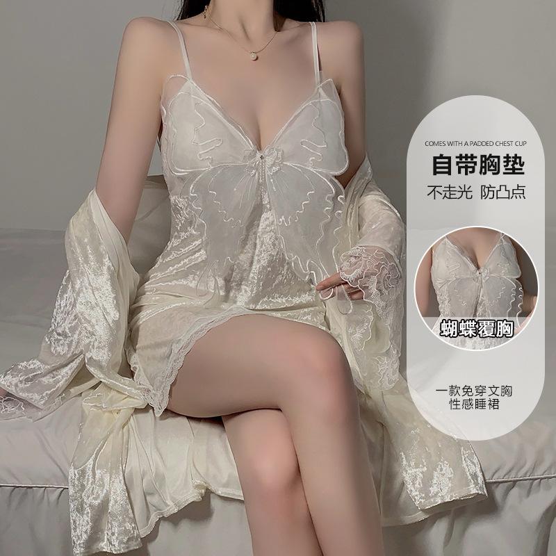 Women's Plus Size Velvet Padded Cami Sleep Dress with Robe Lounge Set