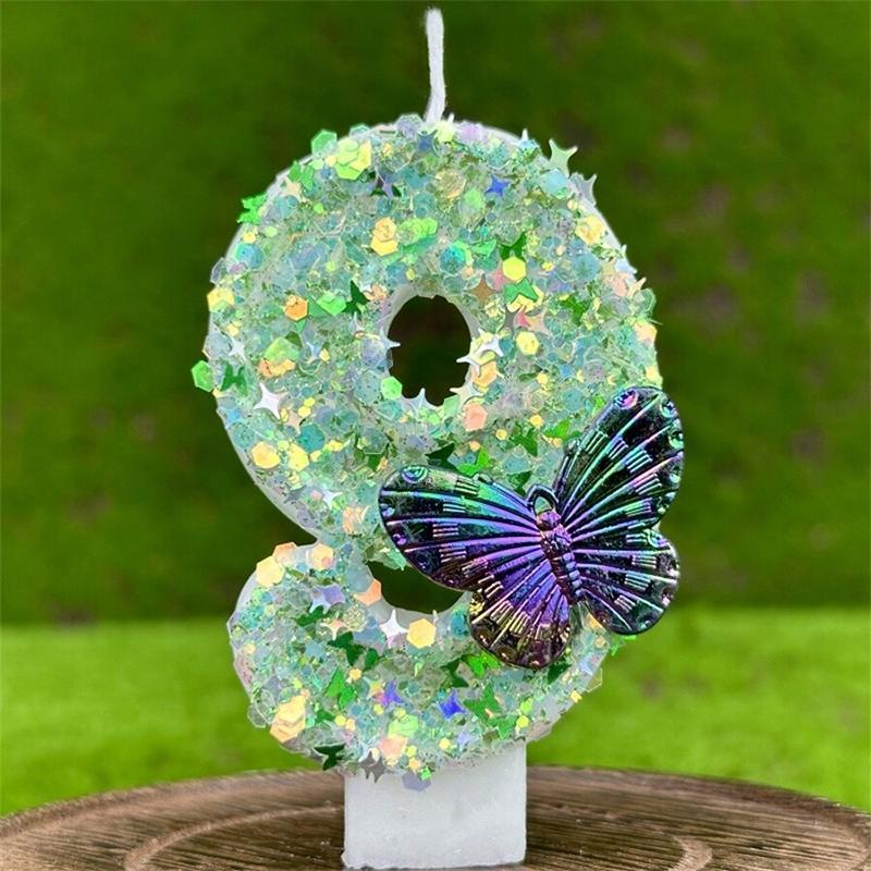 1Pc Green Sequins Number 0-9 Butterfly Cake Candles Birthday Party Decoration Favors Cupcake Topper Cake Decor Supplies