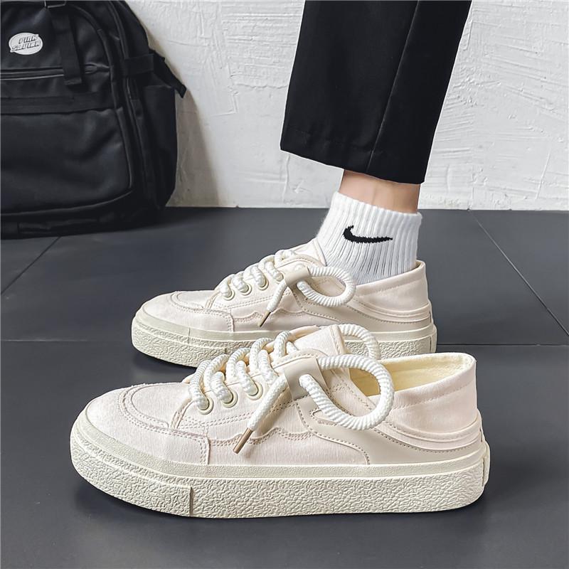 Men's Canvas Shoes New Autumn Low Cut Height Increasing Thick Soled White Shoes Soft Soled Lace Up Casual Shoes Students Black