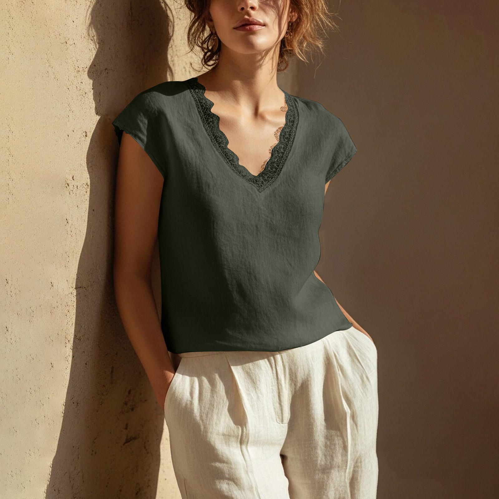 Women s Fashionable New Summer Versatile V-Neck Lace Short-Sleeved Loose  Cotton Shirt/T-Shirt Top L