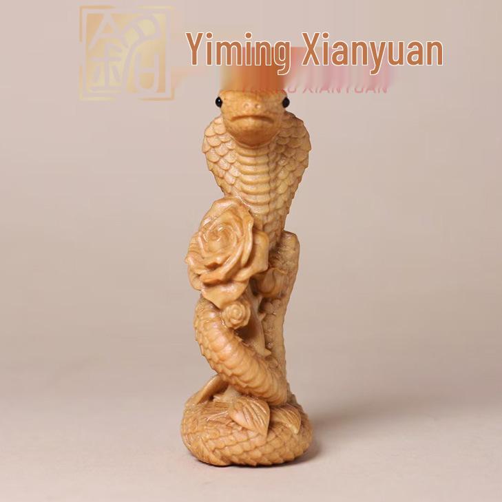 Cypress Wood Carved Rose Snake Ornament - Zodiac Snake Portable Plaything 8×3CM