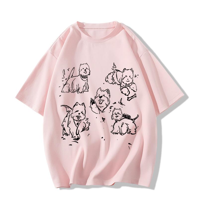 Ladies Summer Short Sleeve Round Collar Pullover Casual Dog Letter Printed Oversize T Shirt Top