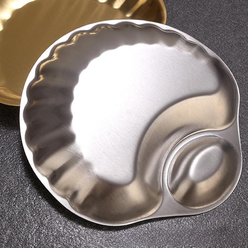 Stainless Steel Snack Plate Golden Shell Shaped Partitioned Creative Vinegar Plate Household Dumpling Shell Plate Square Tray