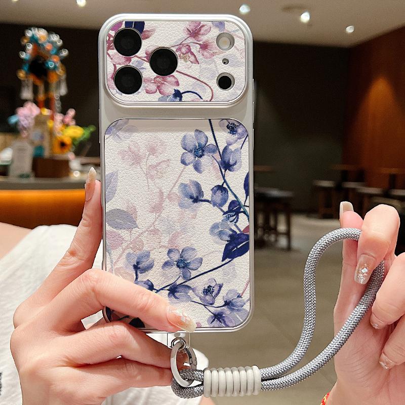 Romantic Rose Flower Pattern Leather Lanyard Case For iPhone 18 Pro Max Hybrid TPU+PU Anti-skid Soft Cover For iPhone 17 16 15 14 13 Pro Max