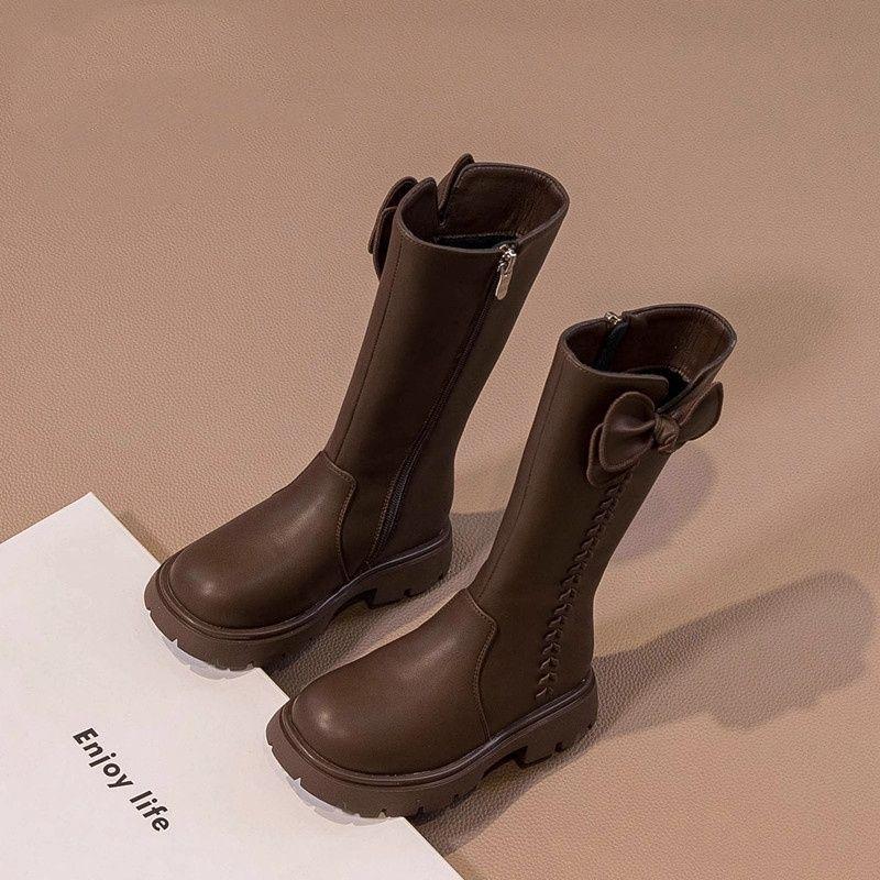 Girls' 2025 Autumn/Winter British Style High-Top Leather Boots, Fleece-Lined, Versatile and Stylish