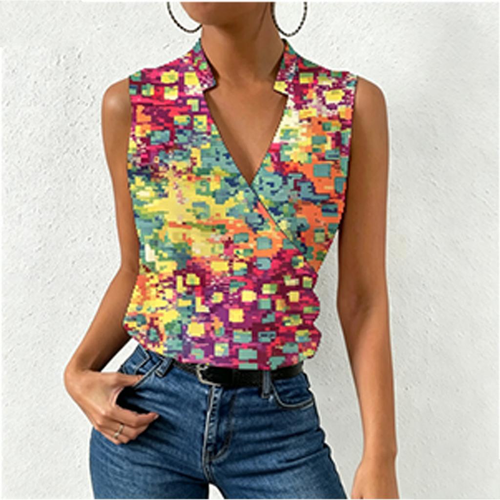 Women Sleeveless V Neck Casual Pullover Digital Print Top Blouse Lightweight Summer Shirt