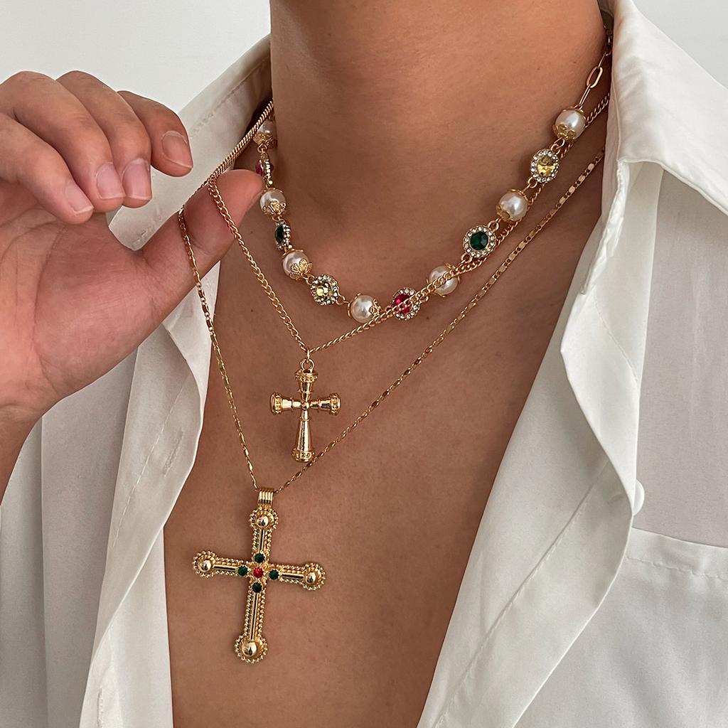 3Pcs/Set Punk Crystal Cross Pendant Necklace for Men Women Creative Imitation Pearl Multi-Layer Clavicle Chain Y2K Jewelry Gift