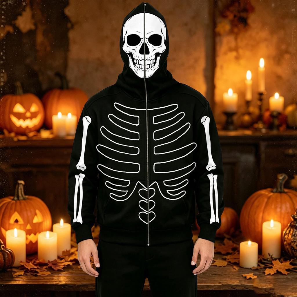 Men's Fashion Casual Halloween Print Hooded Jacket with Pockets for Fall and Winter