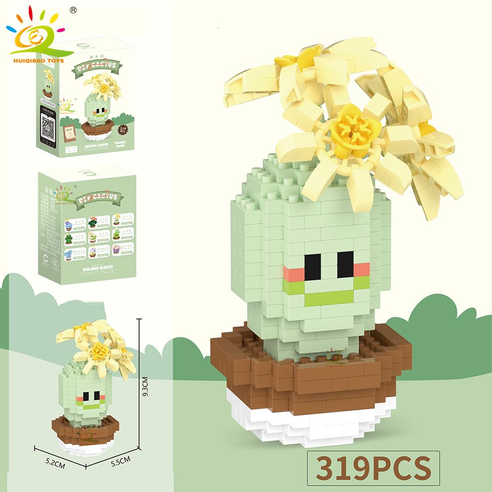 HUIQIBAO Mini MOC Cactus Potted Plant Micro Building Block 3D Diamond Flower Desk Decoration Model Brick DIY Toys for Children