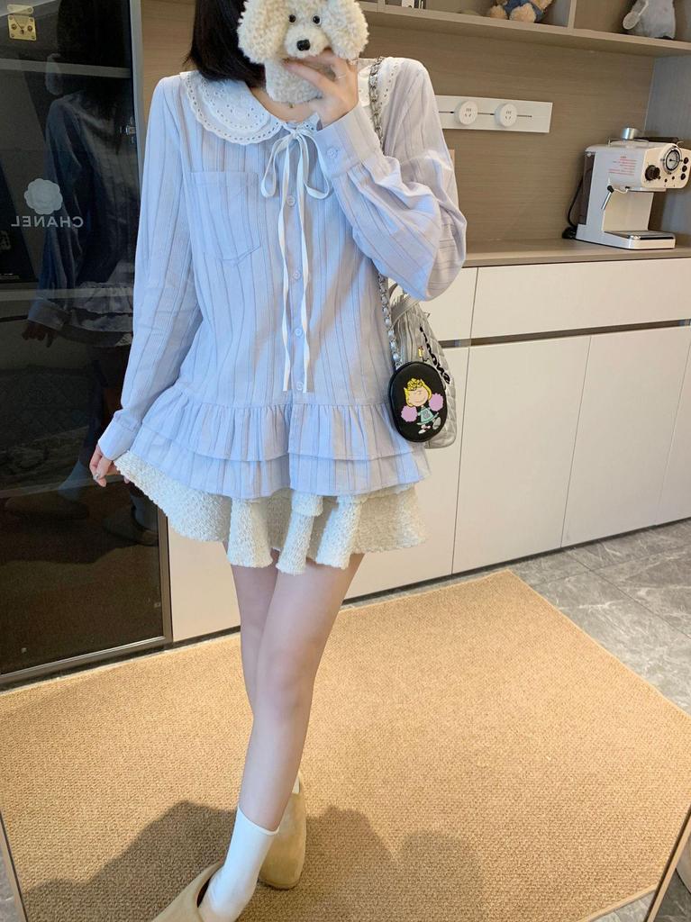 Women's Plus Size Lace Ruffle Doll Collar Long Sleeve Shirt
